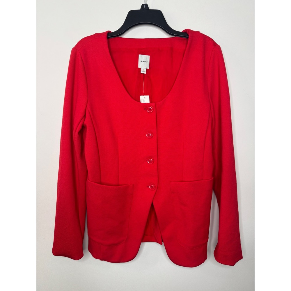 Maeve Anthropologie Red Knit Scoop Neck Button Front Blazer Jacket Womens Medium